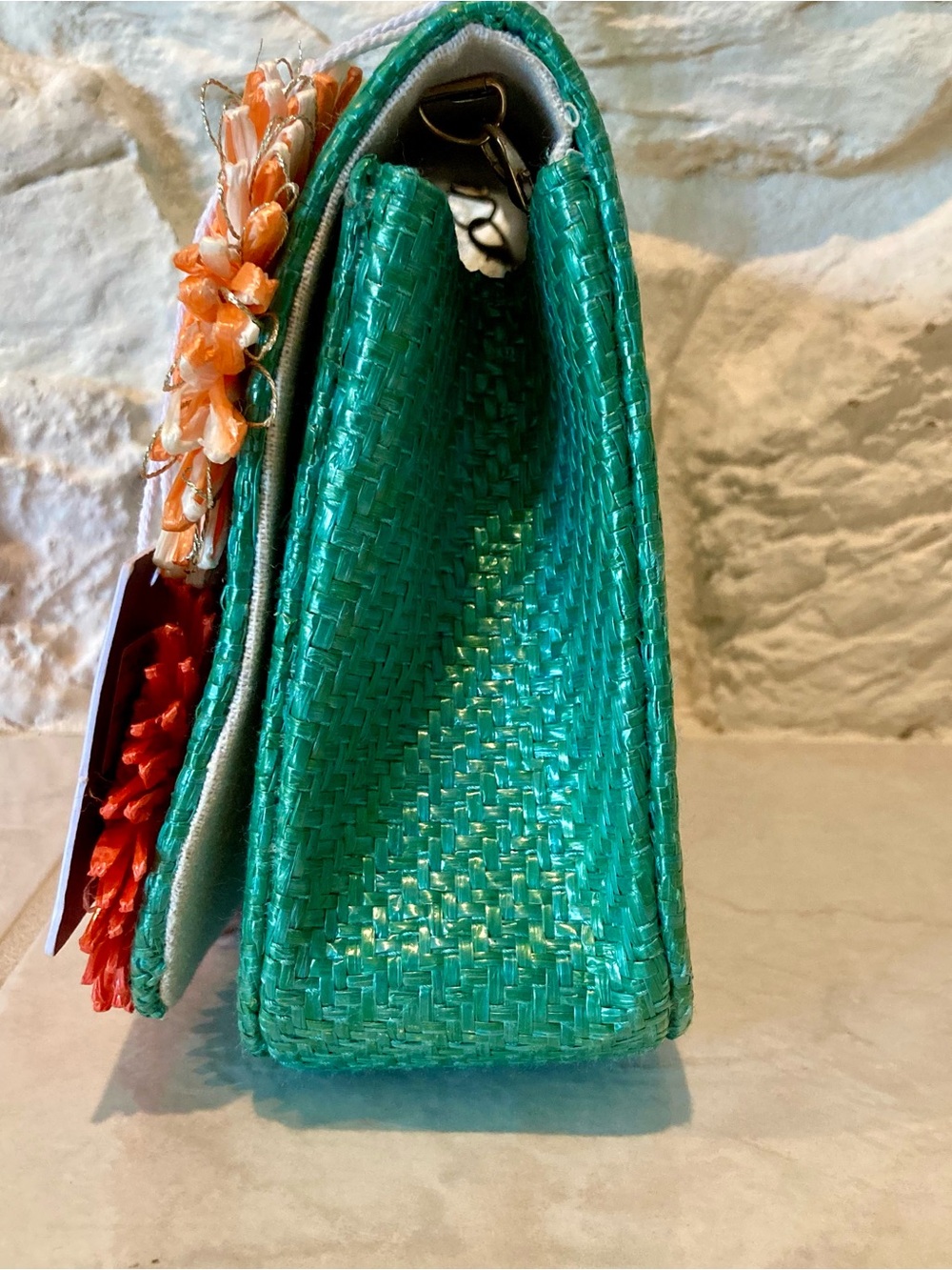 NWT Haute Hippie Green Straw Top-Handle Tote with Multicolor Floral Accents - Picture 7 of 10